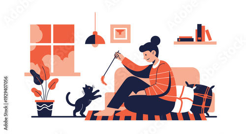 Cozy living room scene with a person knitting beside a cat, warm colors and relaxed, domestic ambiance.