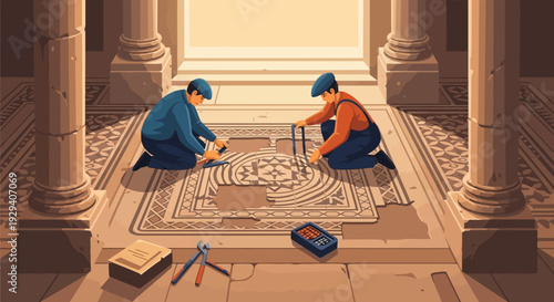 Restoration of Mosaic Floor by Artisans in Courtyard Columns.