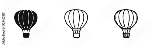 Hot Air Balloon Icons Set for Scenic Travel in Silhouette, Outline, and Hand-Drawn Styles