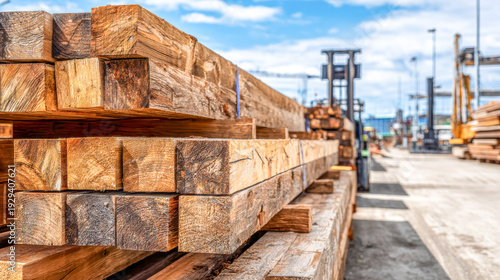 Stacked wooden beams at a lumber yard under a bright blue sky showcasing industrial activity and rustic beauty in a bustling environment