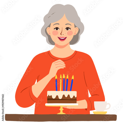 Smiling retiree with cake. Happy senior holding birthday cake. Elderly person celebrating with cake. Cheerful retiree enjoying dessert. Elderly set