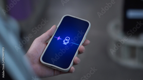 Wallpaper Mural Person using personal AI agent assistant in the city, voice recognition artificial intelligence chat app dialogue screen, smartphone text to speech chatbot, smart customer service support technology Torontodigital.ca