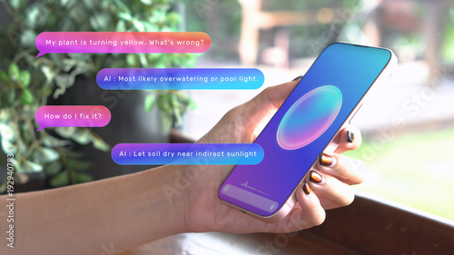 Woman using phone voice assistant AI chatbot app to ask for help with home work task and questions. artificial intelligence LLM chat customer service support, smart virtual speech technology concept