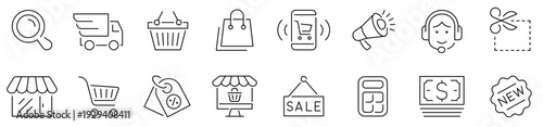 Online shopping icons. Shopping icon set. Payment elements, Cart, Bag, Store, Buy, Checkout, New, Coupon, Market, Assistance and more. Editable stroke. Vector illustration