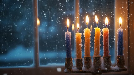 Snowy night hanukkah celebration with lit menorah by frosted window