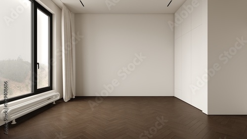 Tableau sur toile A mockup of an empty white Modern Minimalist Bedroom Interior with  Herringbone Floorroom with a dark laminate floor, shadowed by sunlight