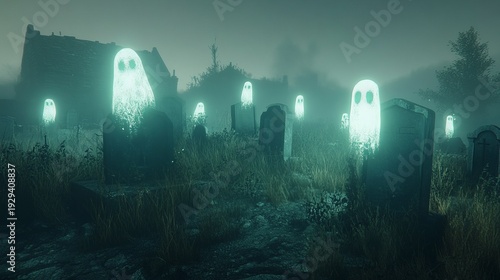 Eerie glowing ghosts haunt abandoned cemetery at night