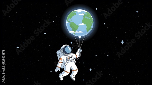 Digital Illustration of an Astronaut Playfully Guiding Planet Earth Like a Balloon Through the Cosmic Expanse