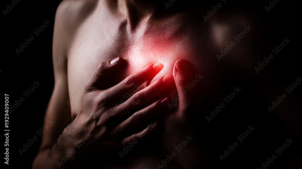 Obraz premium Person clutching chest with both hands, experiencing discomfort or pain in the heart area with a bright red glow