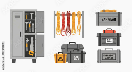 Comprehensive collection of search and rescue equipment, including essential tools, durable ropes, and organized emergency supplies for critical preparedness and safety operations