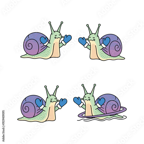 Cute cartoon snails with hearts on a white background with copy space
