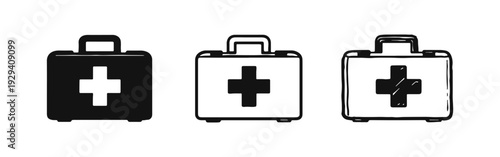 Collection of black and white first aid box icons, symbolizing medical care and emergency assistance.