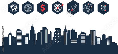 Hexagonal above a city skyline with buildings and symbols
