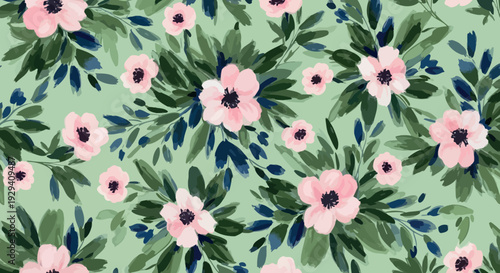 Delicate hand-painted watercolor floral seamless pattern featuring soft pink blossoms and lush green foliage on a serene light mint background, ideal for elegant textile designs