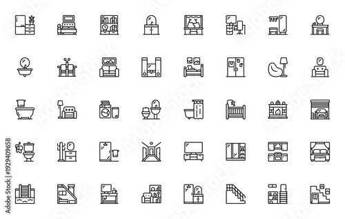 Around The Home icon set. Vector illustration of household items including fridge, sofa, bathtub, wardrobe, kitchen, living room, and more. Editable stroke.