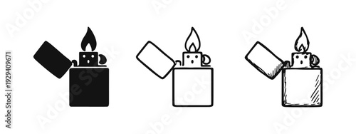 Set of portable metal lighter icons with a lit flame, in solid, outline, and hand-drawn styles.