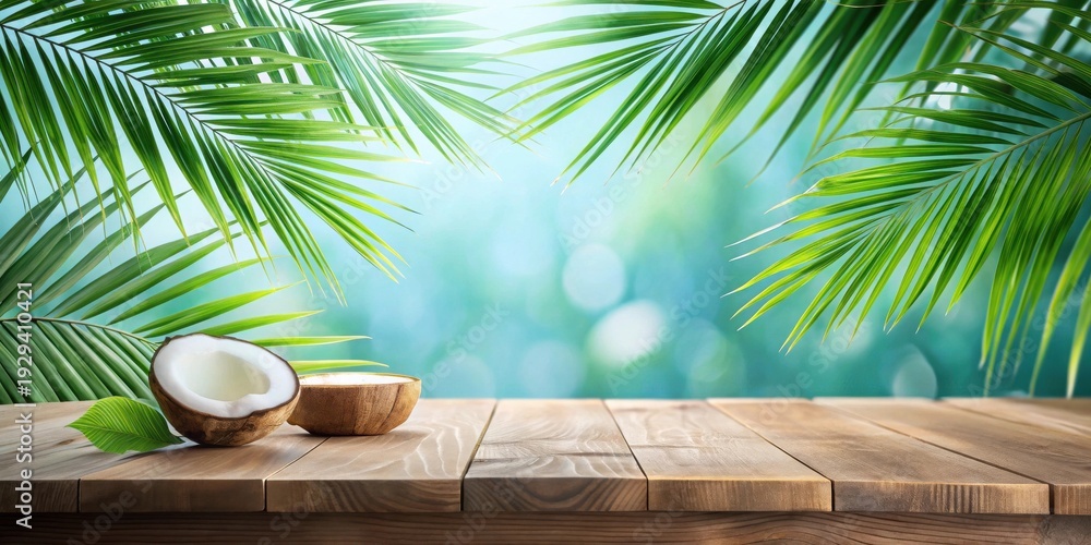 Obraz premium Tropical Paradise Wooden Tabletop with Fresh Coconuts and Lush Palm Fronds Under a Bright Sunny Sky