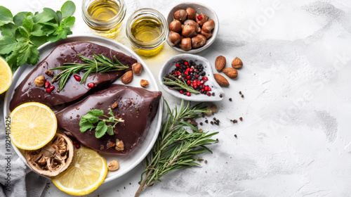 Wallpaper Mural Raw liver prepared with aromatic herbs, lemon, and spices, ideal for a nutritious gourmet dish on a light background Torontodigital.ca