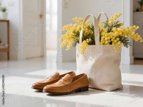 Elegant leather shoes with canvas bag and yellow flowers indoors