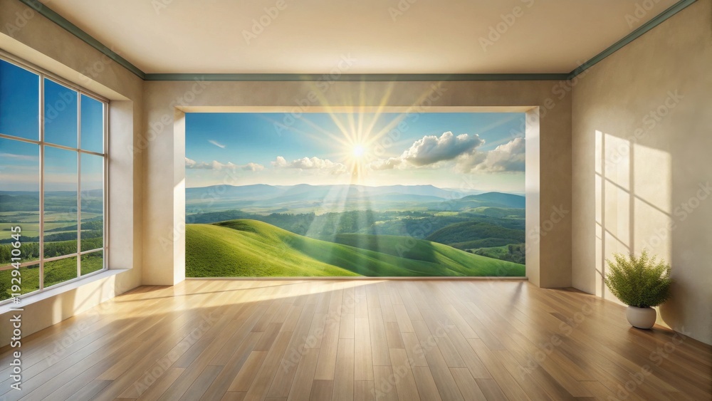 Fototapeta premium Sunlit Meadow Vista Through Expansive Window in Minimalist Room with Hardwood Floor