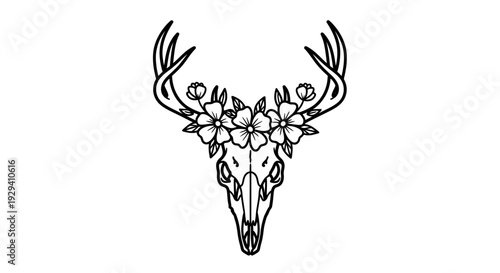 Deer Skull with Flowers and Antlers Illustration.