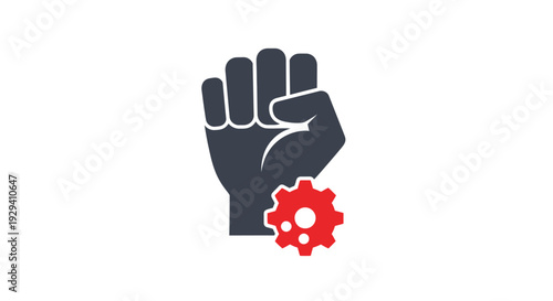 Fist holding red gear icon symbol.