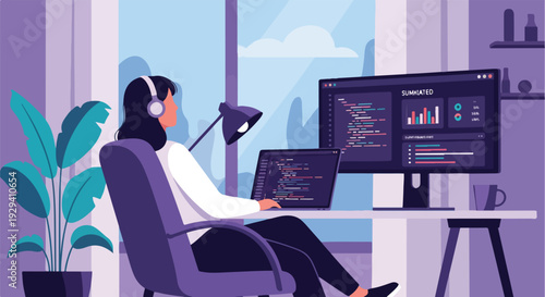 Woman programmer working from home office, coding software on multiple screens with headphones, illustrating remote development and modern tech lifestyle.