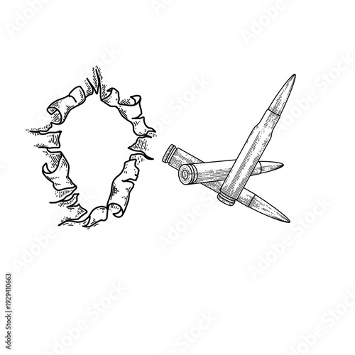 hand drawn bullet hole damage with scattered ammunition line art vector illustration