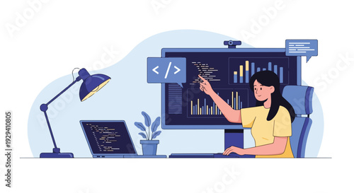 Young female programmer working on software development, coding, and data analysis at her desk with multiple screens, showcasing IT career.