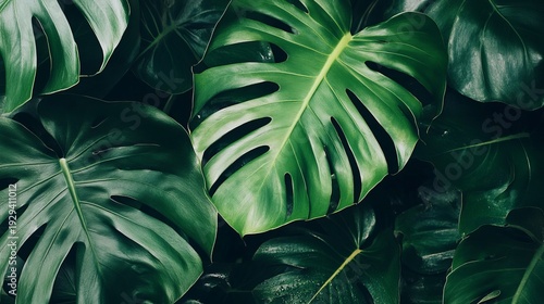 Lush monstera leaves with dark green tropical foliage background