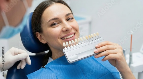 Smiling Woman Holding Dental Shade Guide for Teeth Color Matching in Cosmetic Clinic