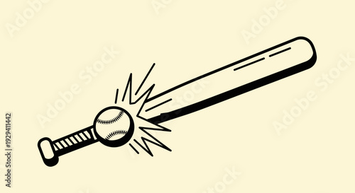 Baseball Bat Hitting Ball Outline with Starburst Effect on Cream Background