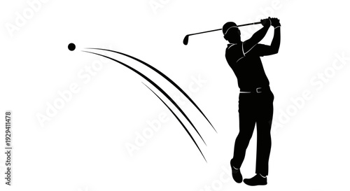 Male Golfer Silhouette Hitting Golf Ball with Motion Lines Isolated White Background