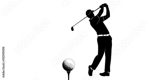 Male Golfer Silhouette Hitting Golf Ball Off Tee Isolated White Background