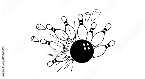 Bowling ball striking pins in a dynamic explosion, game-winning strike, isolated white background.