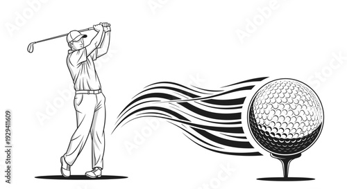 Dynamic golf ball on a tee with motion lines, representing speed and powerful flight, isolated white background.