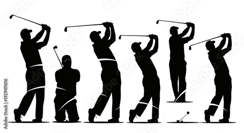 Dynamic sequence of a golfer's complete swing motion in silhouette, athletic sport activity, in bright studio.