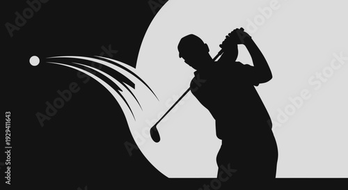 Dynamic silhouette of golfer powerfully swinging golf club, motion lines behind ball, in bright studio.