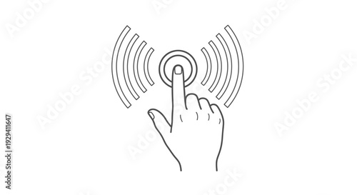 Outline of hand tapping on virtual button with radiating waves, touch screen interaction, isolated white background.