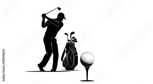 Golfer swinging club with golf bag and ball on tee, ready for a powerful shot, isolated white background.