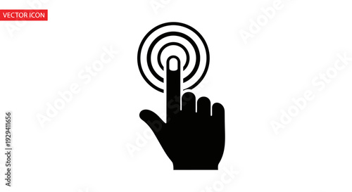 Hand cursor pressing virtual button with circular waves, tap gesture interaction, isolated white background.
