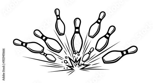 Bowling pins exploding from bowling ball impact, strike moment, isolated white background.