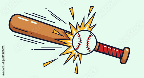 Cartoon Baseball Bat Hitting Ball with Dynamic Impact, Light Green Studio Background