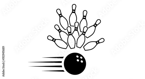 Fast Bowling Ball Striking Pins with Motion Lines Icon, Isolated White Background
