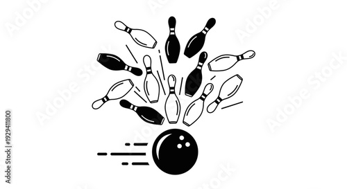 Bowling Ball Striking Pins and Creating Dynamic Impact, black and white graphic, isolated white background.