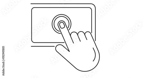 Hand Tapping on Screen or Button with Concentric Circles, line art style, isolated white background.