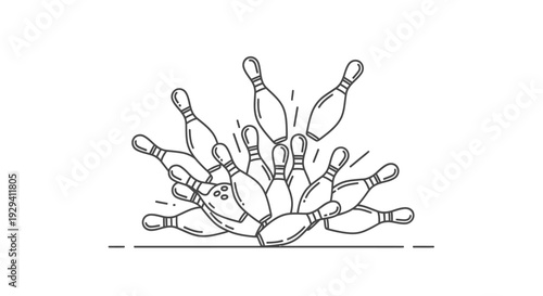Bowling Pins Falling and Scattering after Impact, line art style, isolated white background.