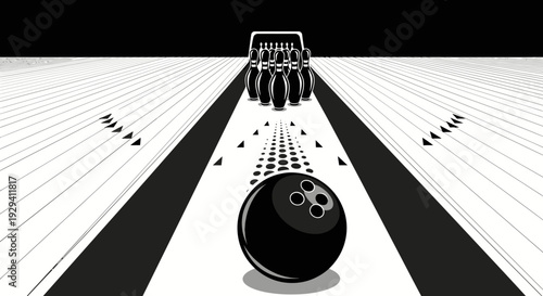 Bowling Ball Rolling Down Lane Towards Pins, in perspective view.