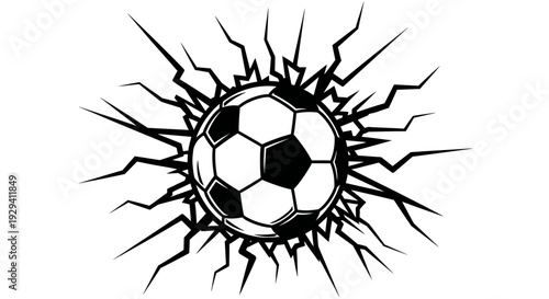 Intense soccer ball impact creating cracks and a bursting effect, dynamic and powerful on isolated white background.