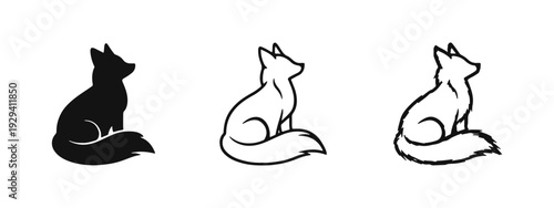 Sitting Fox Icon Set in Solid, Outline, and Sketch Styles